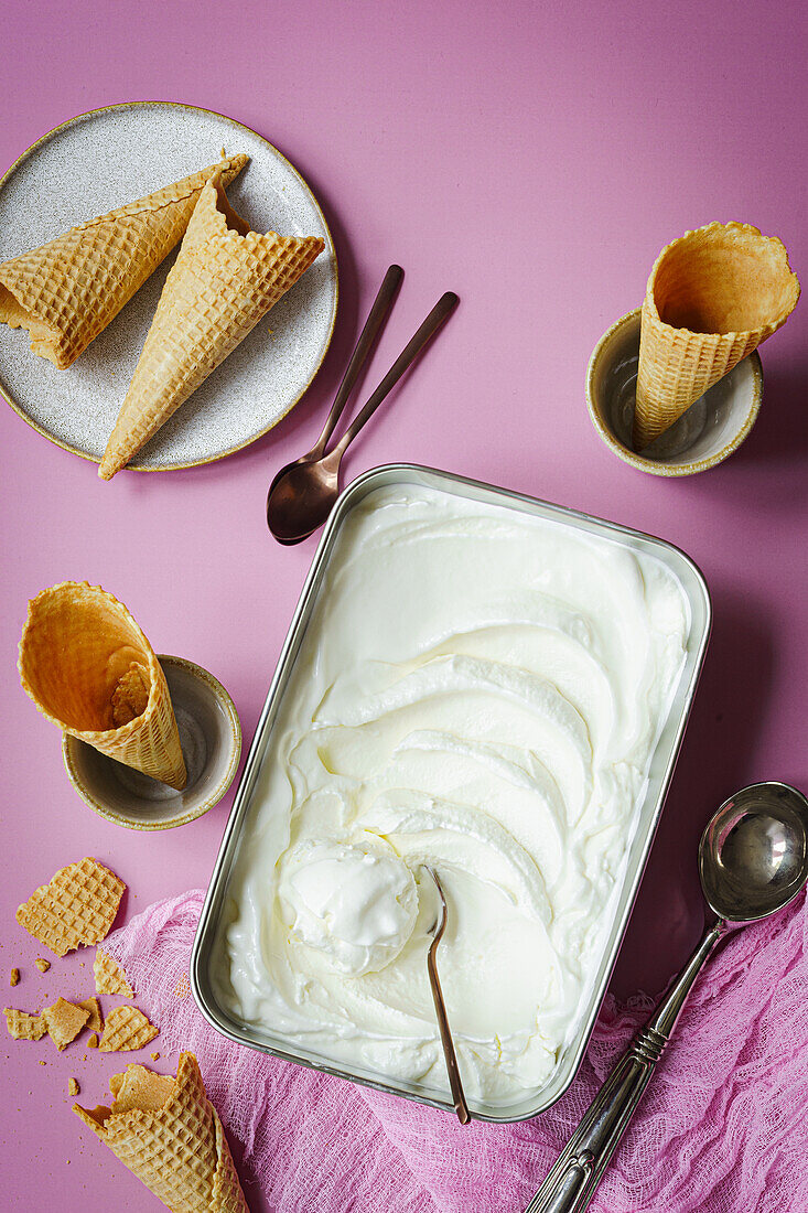 Selbstgemachtes Joghurteis mit Eiswaffeln