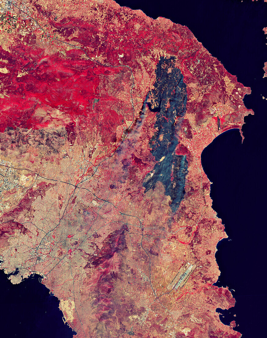 Wildfires near Athens, Greece, August 2024, satellite image