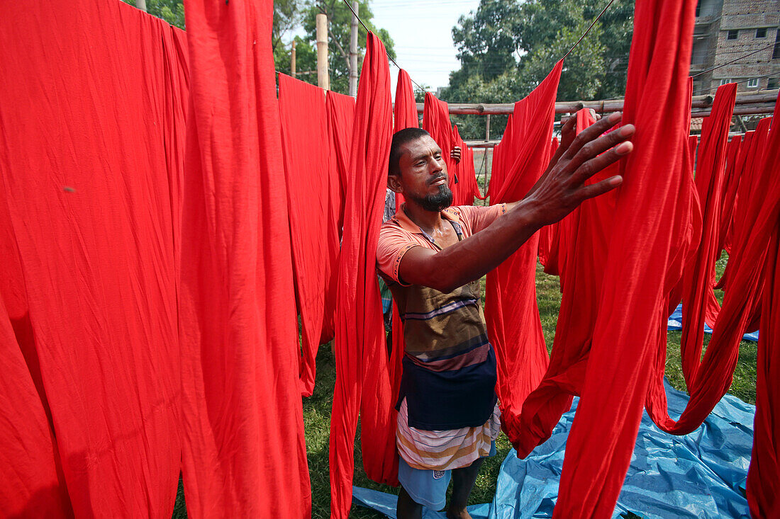 Fabric drying at dyeing factory, Bangladesh