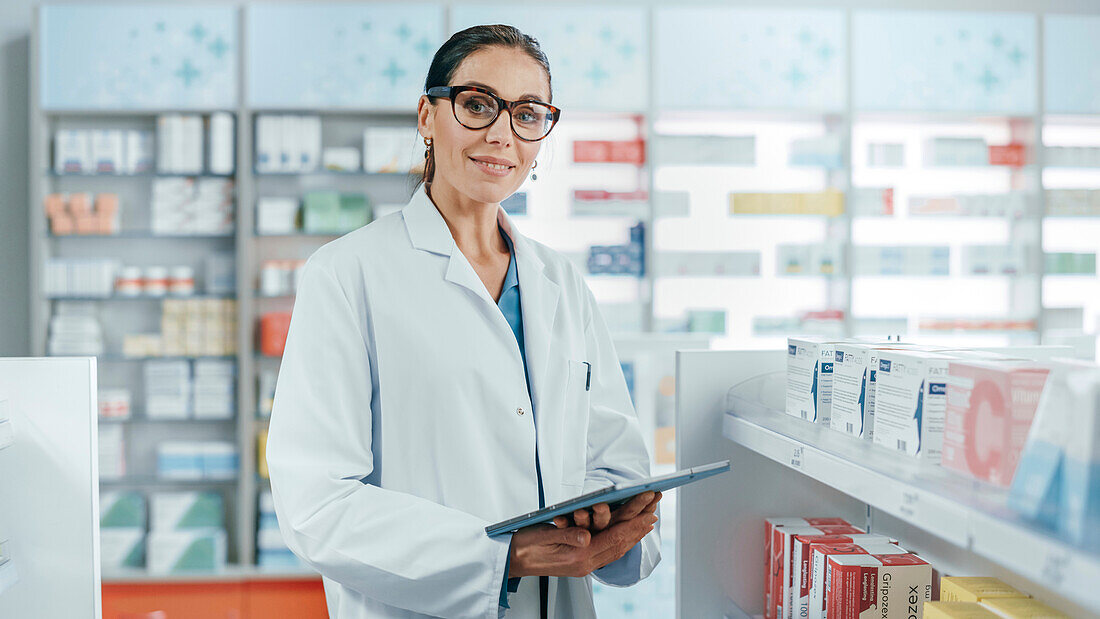 Pharmacist holding tablet