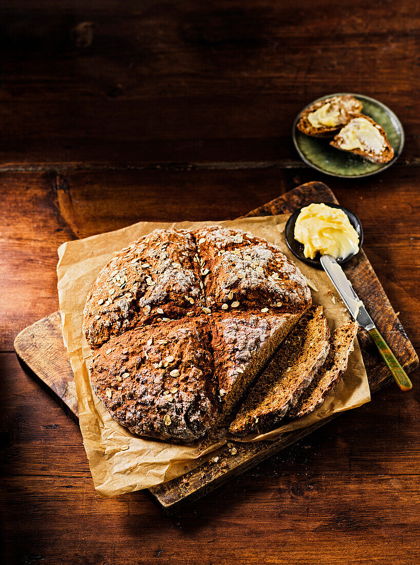 Homemade stout soda bread with butter