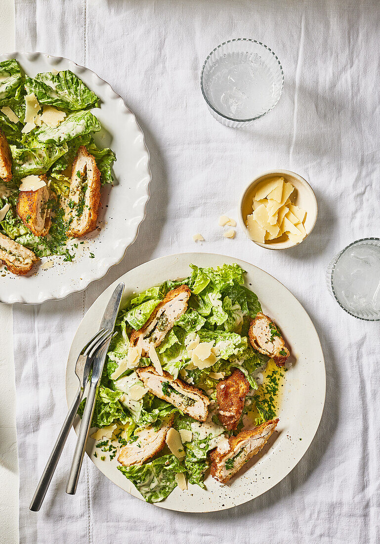 Chicken kiev salad with parmesan shavings