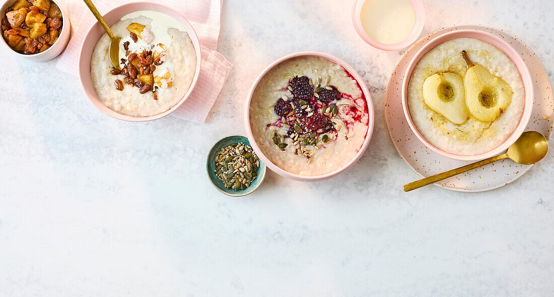 Chai-Apfel-Porridge, Brombeer-Schokoladen-Porridge, Ingwer-Vanille-Birnen-Porridge