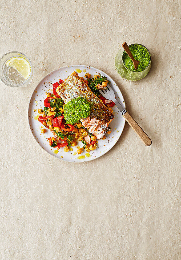 Salmon with salsa verde and chickpea salad with peppers