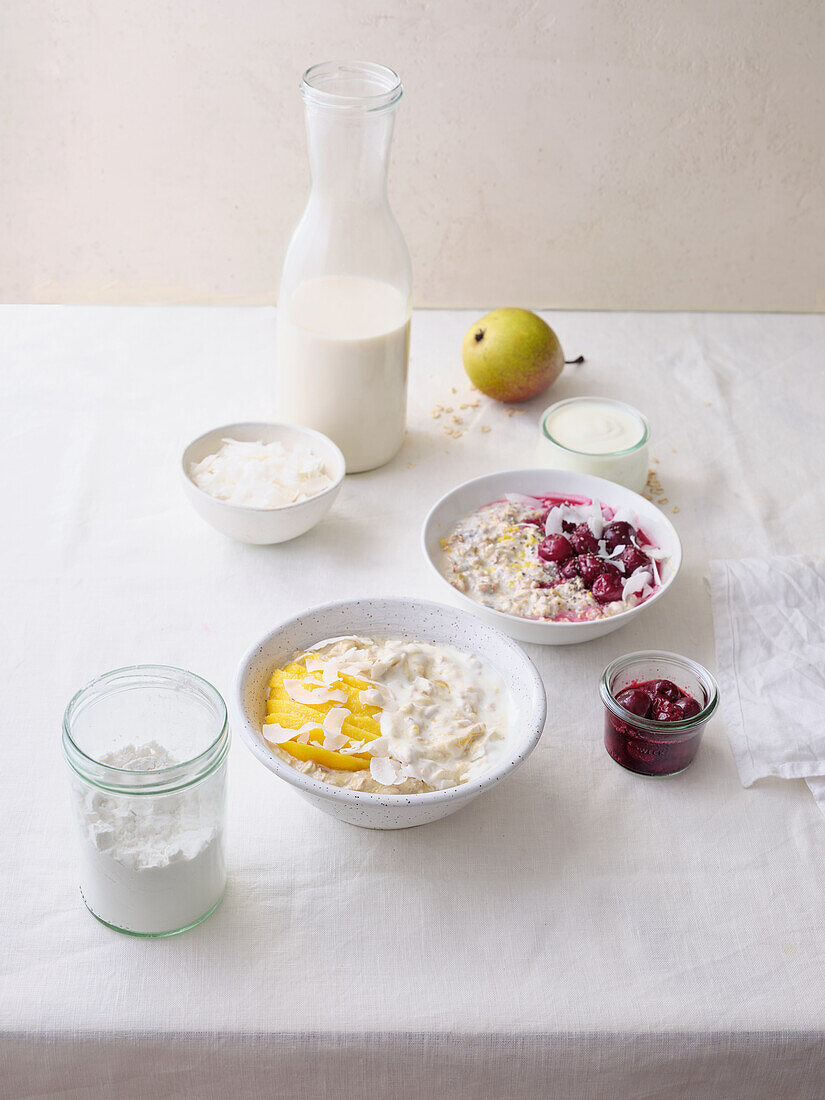 Overnight oats with coconut flakes and fresh fruit