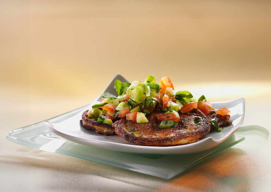 Pea cakes with tomato and spring onion topping