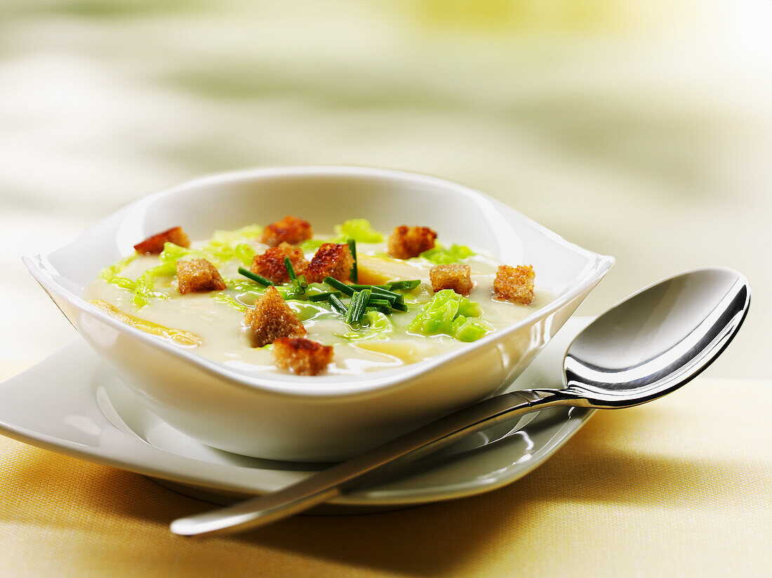 Asparagus soup with pointed cabbage and croutons