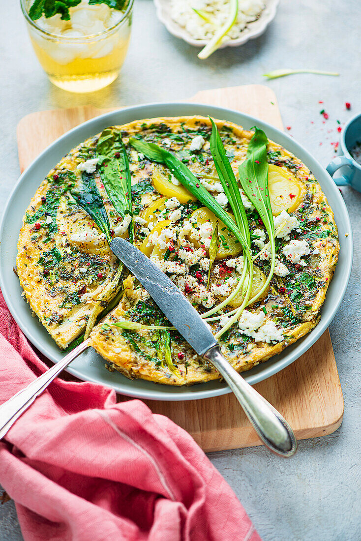 Wild garlic frittata with feta cheese and potatoes