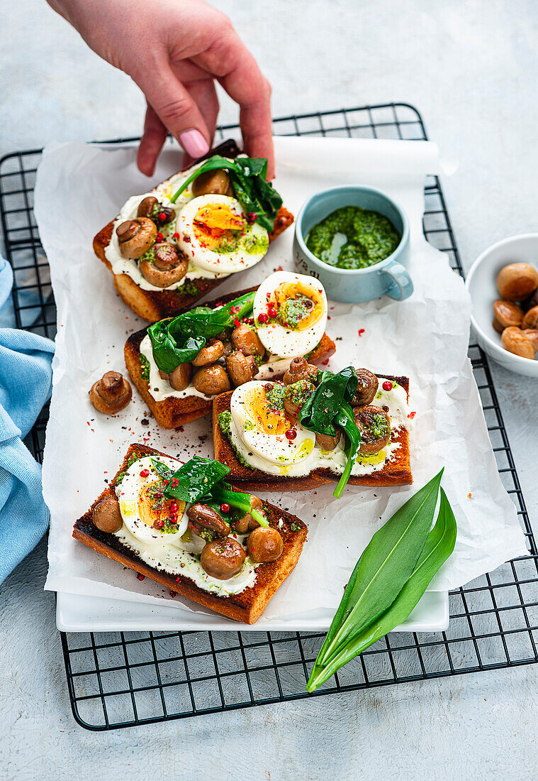 Röstbrot mit Bärlauchpesto, Frischkäse, Ei und Pilzen