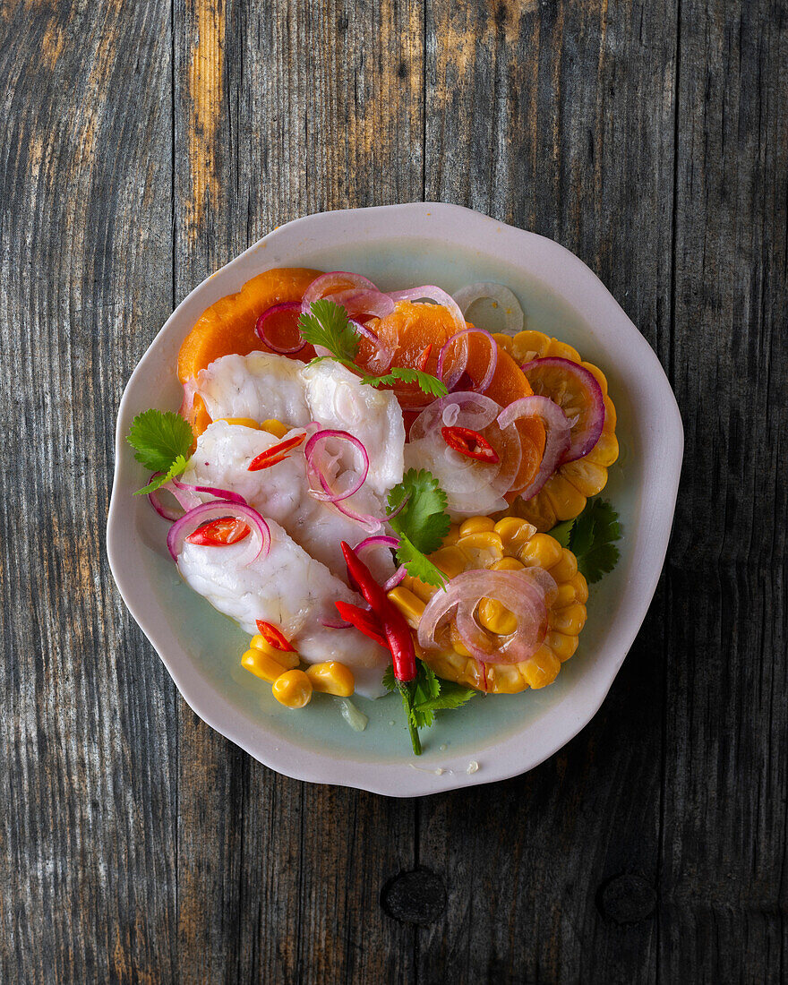 Ceviche of sea bass with sweet potatoes and sweetcorn