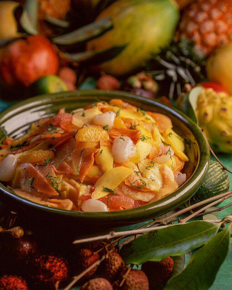 Exotic fruit salad with mango, mandarin and lychee