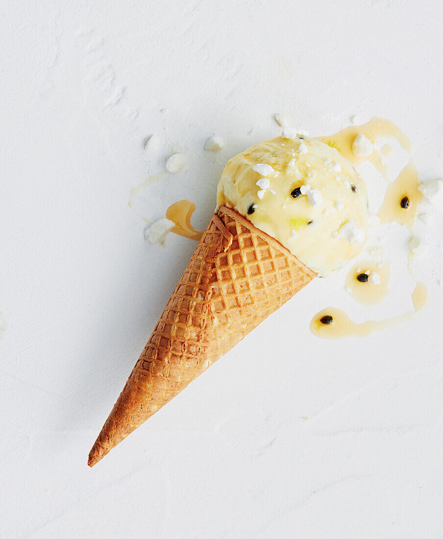 Passion fruit sorbet in waffle cones