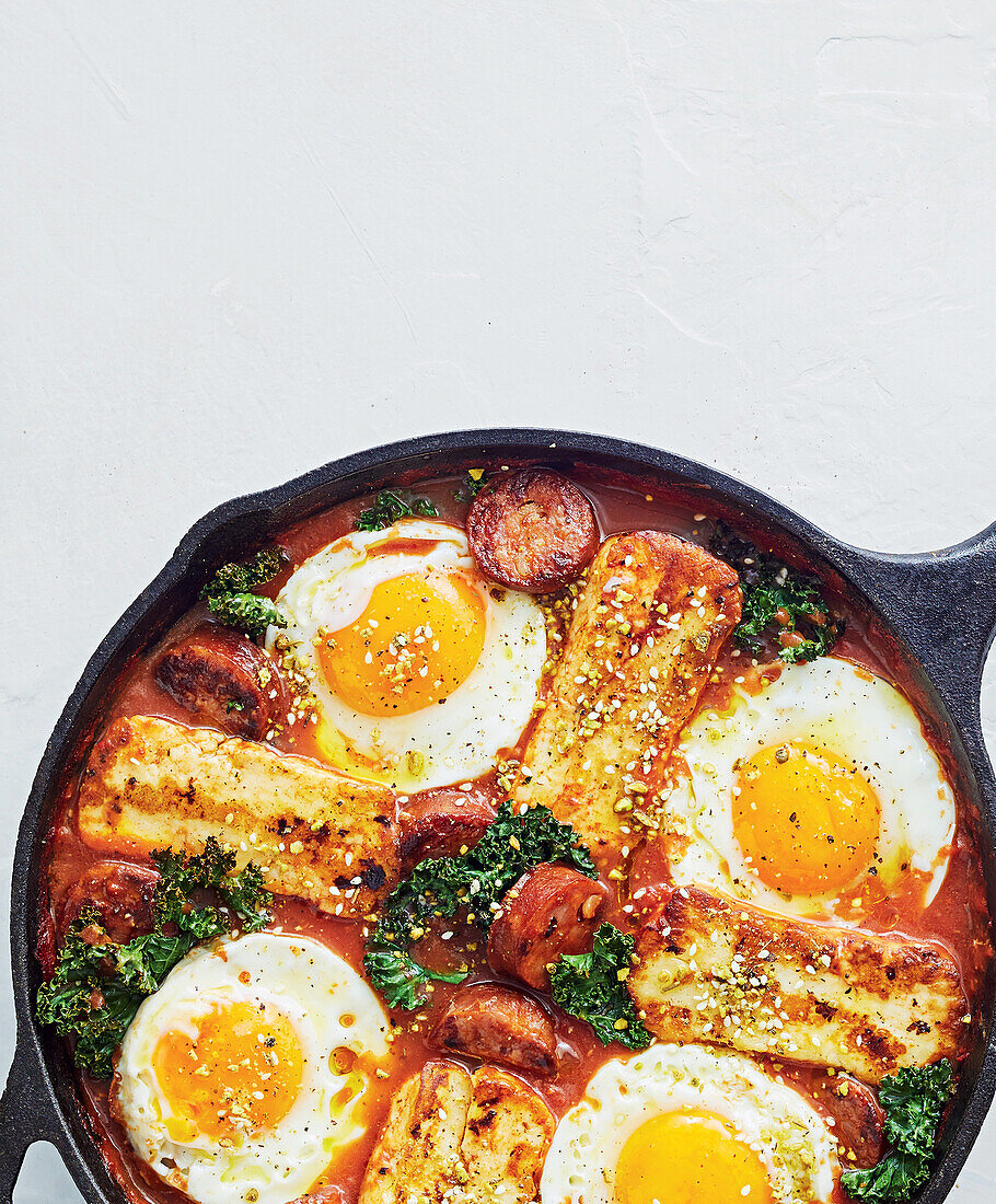 Shakshuka mit Eiern, Wurst und Halloumi