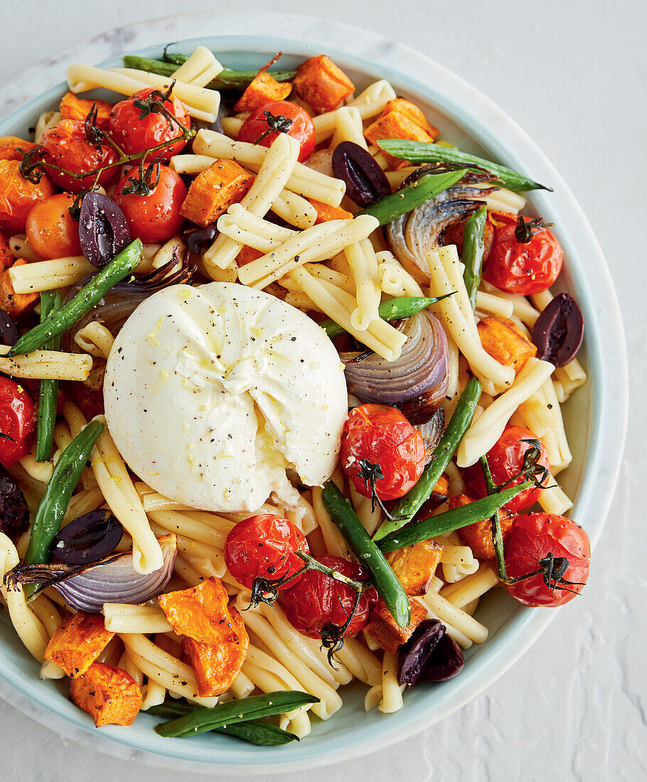 Pasta salad with roasted vegetables and burrata