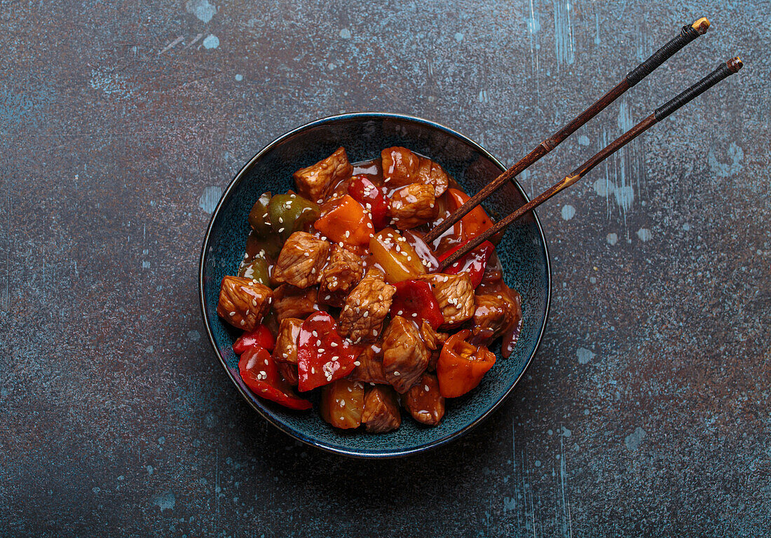 Sweet and sour pork with peppers and pineapple