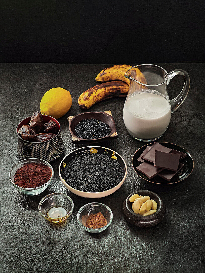 Ingredients for black sesame ice cream with dates