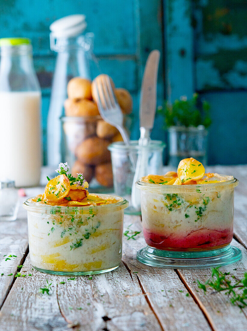 Potato and beetroot gratin baked in a preserving jar