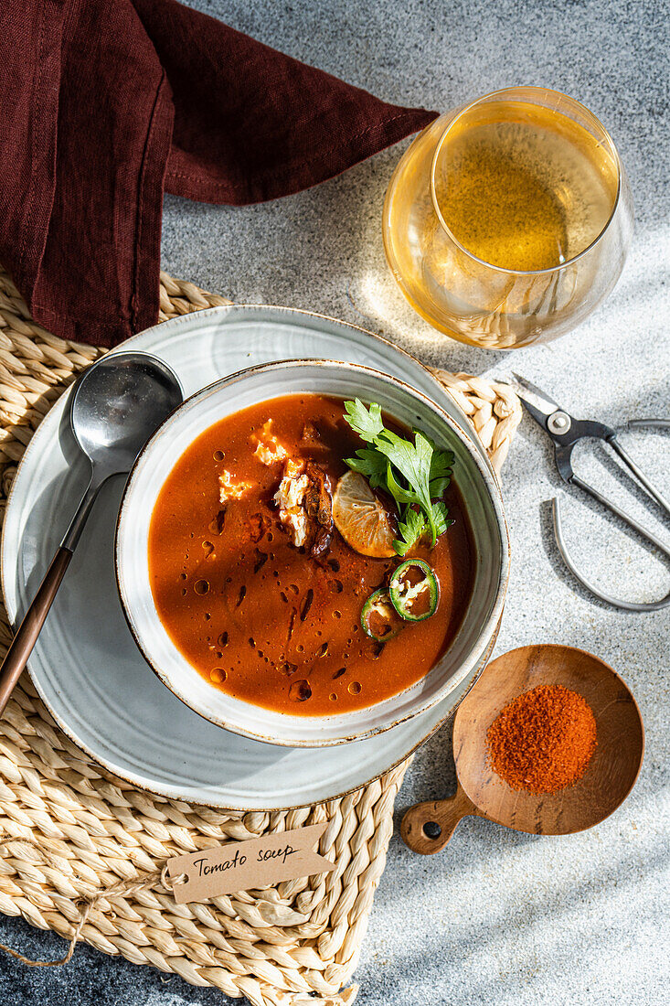 Spicy tomato cream soup with cream cheese and parsley