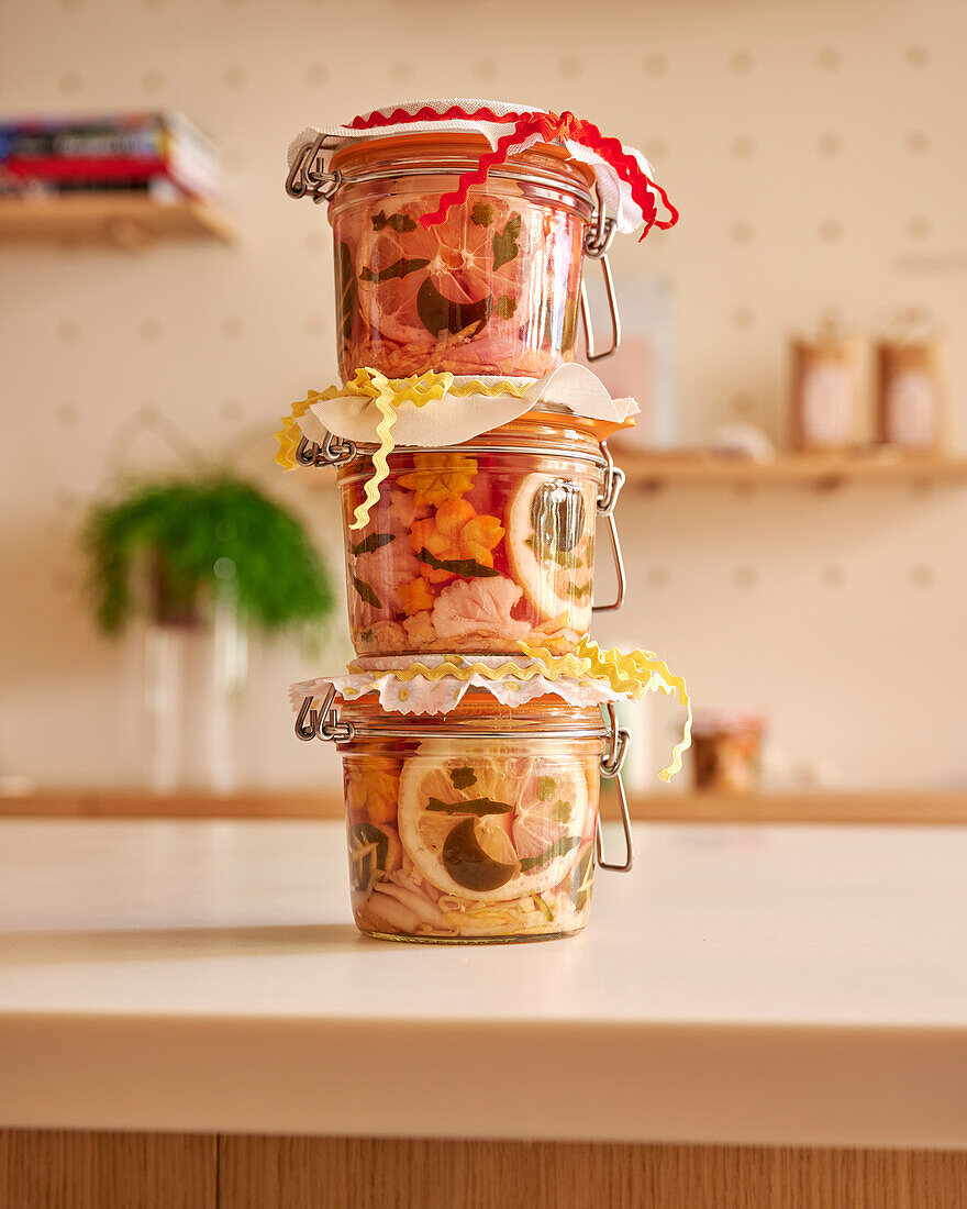 Pickled vegetable mix in preserving jars