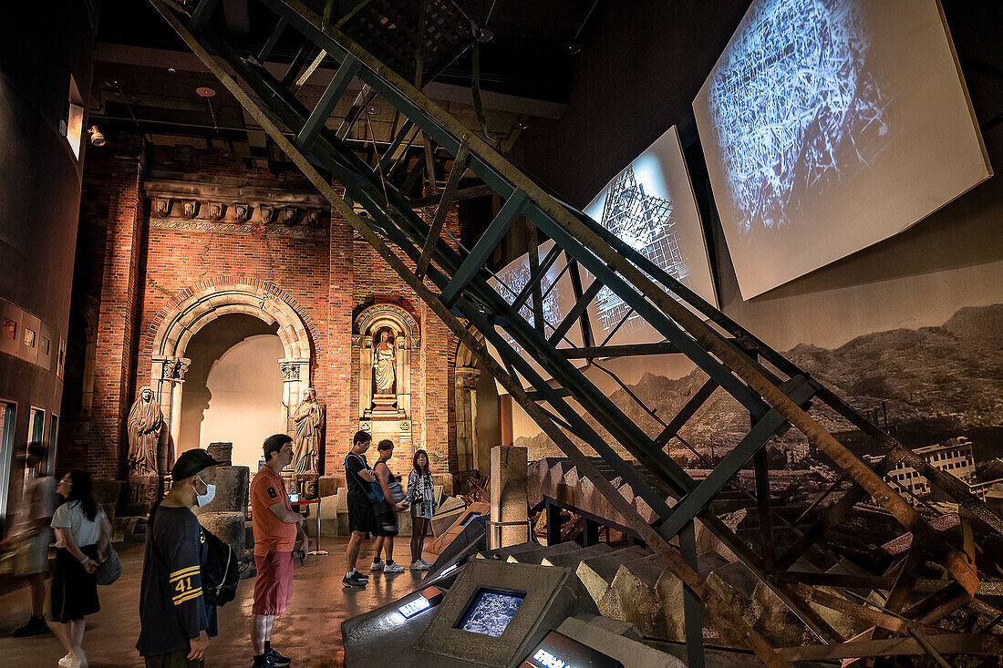 Reconstruction of the Side Wall of Urakami Cathedral destroyed by the Atomic Bomb Blast. Atomic Bomb Nagasaki Peace Memorial Museum, Nagasaki, Japan