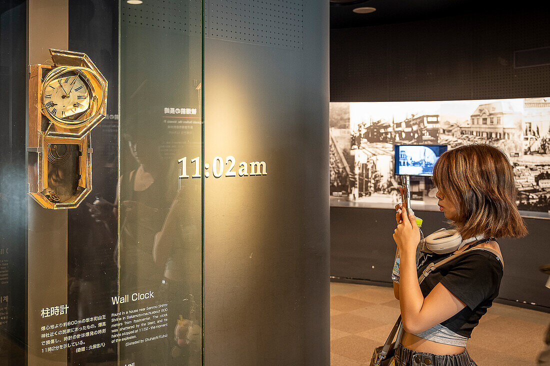 Clock that suffered the atomic bombing in 1945, which stopped at the time of the explosion 10:58 am on August 9. Atomic Bomb Nagasaki Peace Memorial Museum, Nagasaki, Japan