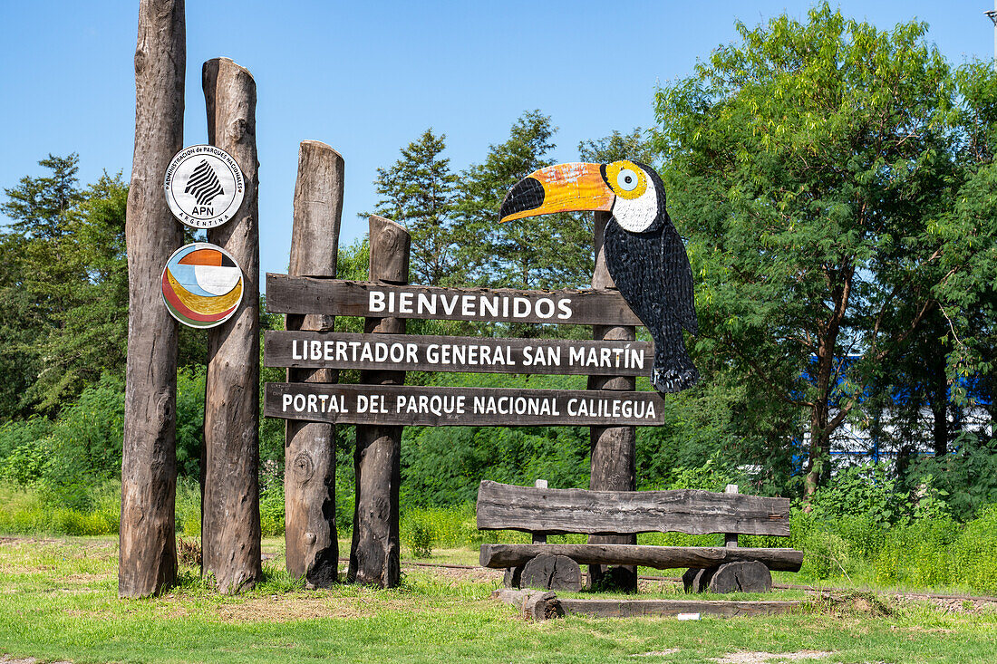 A wooden welcome sign in Libertador General San Martin, Jujuy Province, Argentina.