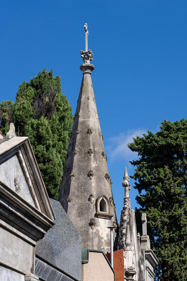 Architectural detail of an elaborate spire on a mausoleum in the Recoleta Cemetery in Buenos Aires, Argentina.