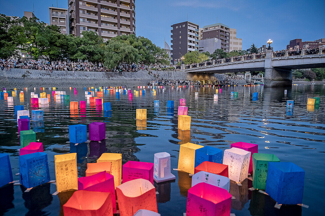 Motoyasu bridge in front of Atomic Bomb Dome with floating lamps on Motoyasu-gawa River during Peace Memorial Ceremony every August 6 in Hiroshima, Japan