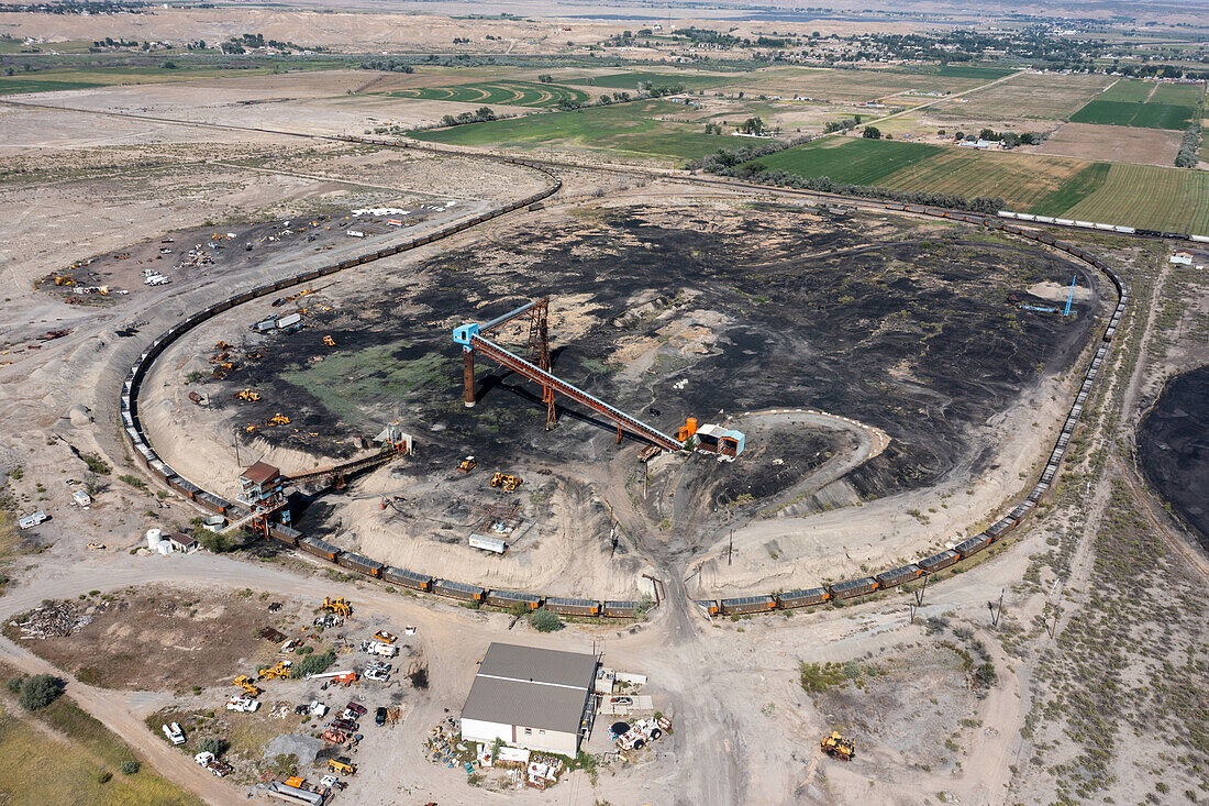 Aerial view of the the Savage Energy Terminal, a coal transfer facility in Price, Utah. Coal is brought from the minesby truck and transferred to rail cars