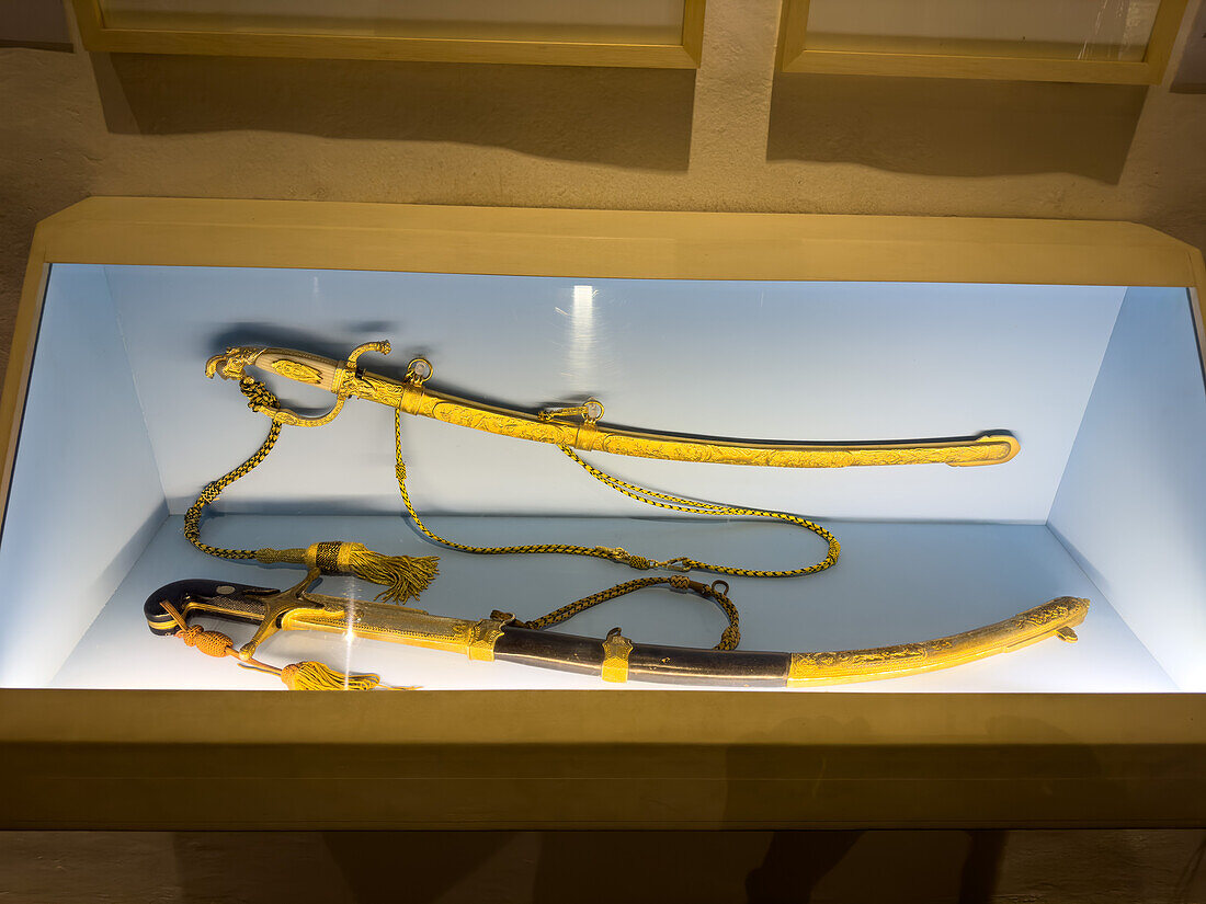 Replica sabers from the War of Independence in the Historic House of Independence in San Miguel de Tucumán, Argentina. These are replicas of the sabers of General Jose de San Martin and Martin Miguel de Guemes.