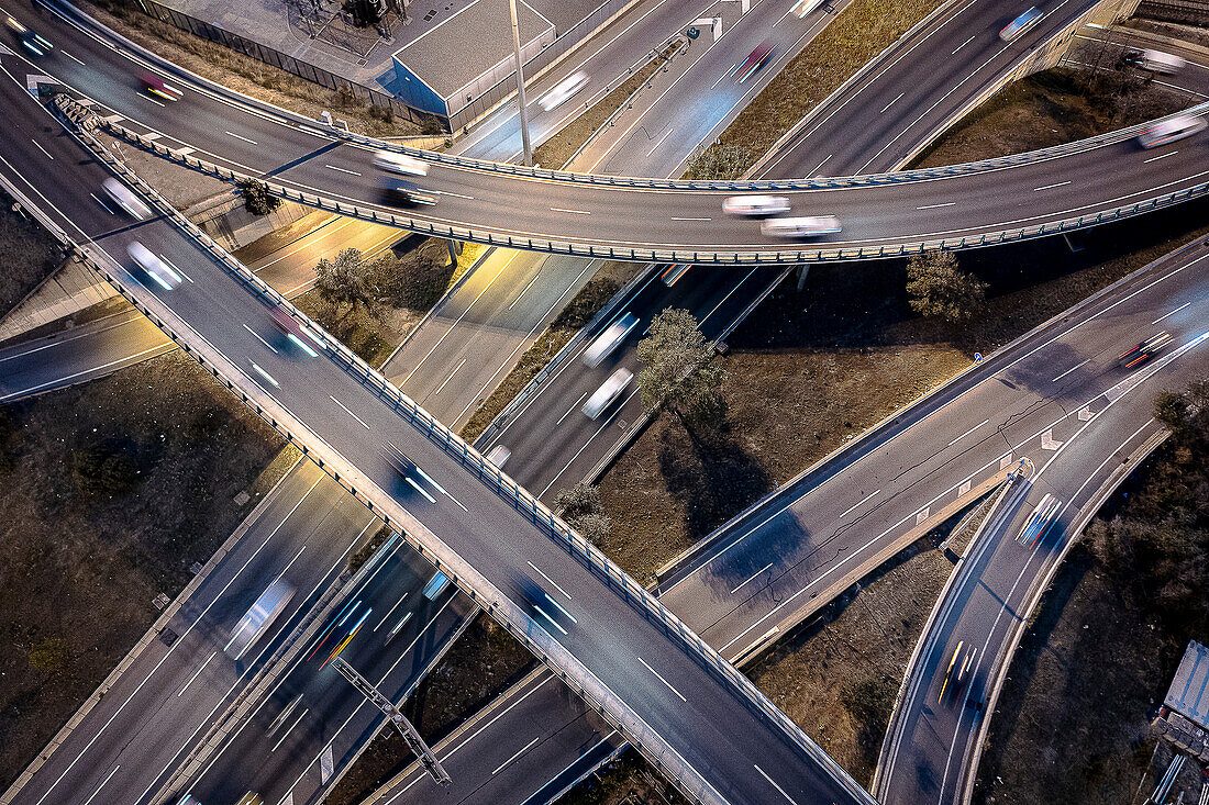 Nus de la Trinitat Road knot in Trinitat vella Ronda de dalt arial view Barcelona Catalonia Spain