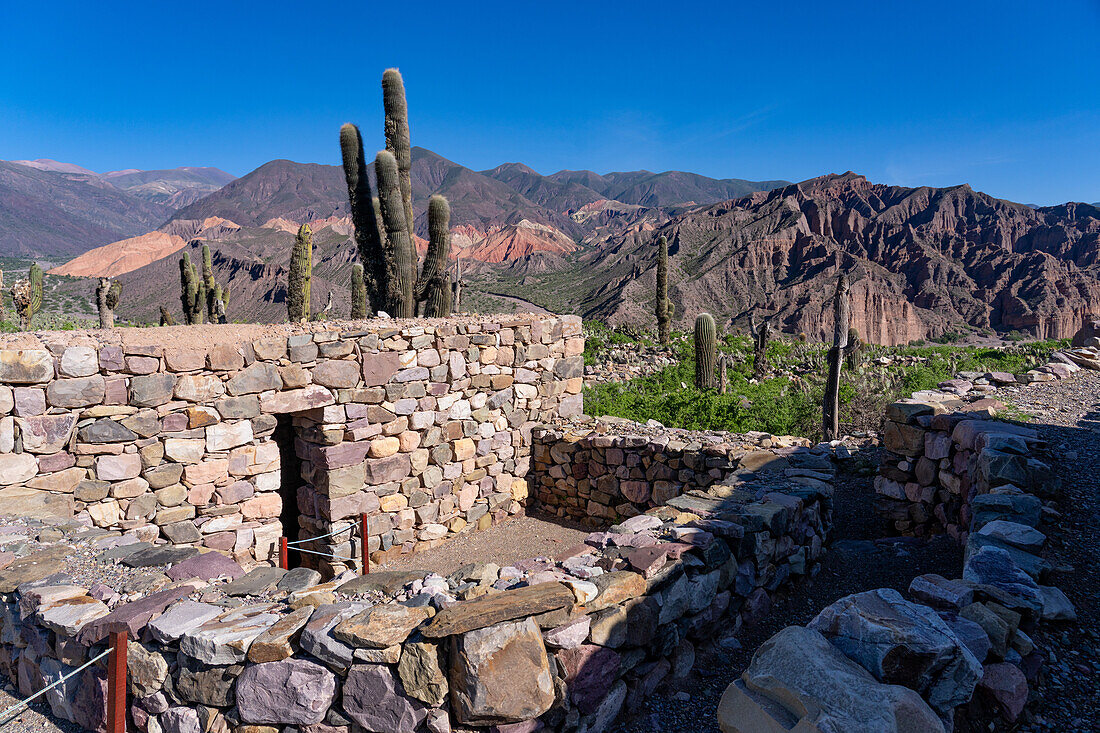 Partially reconstructed ruins in the Pucara of Tilcara, a pre-Hispanic archeological site near Tilcara, Humahuaca Valley, Argentina.