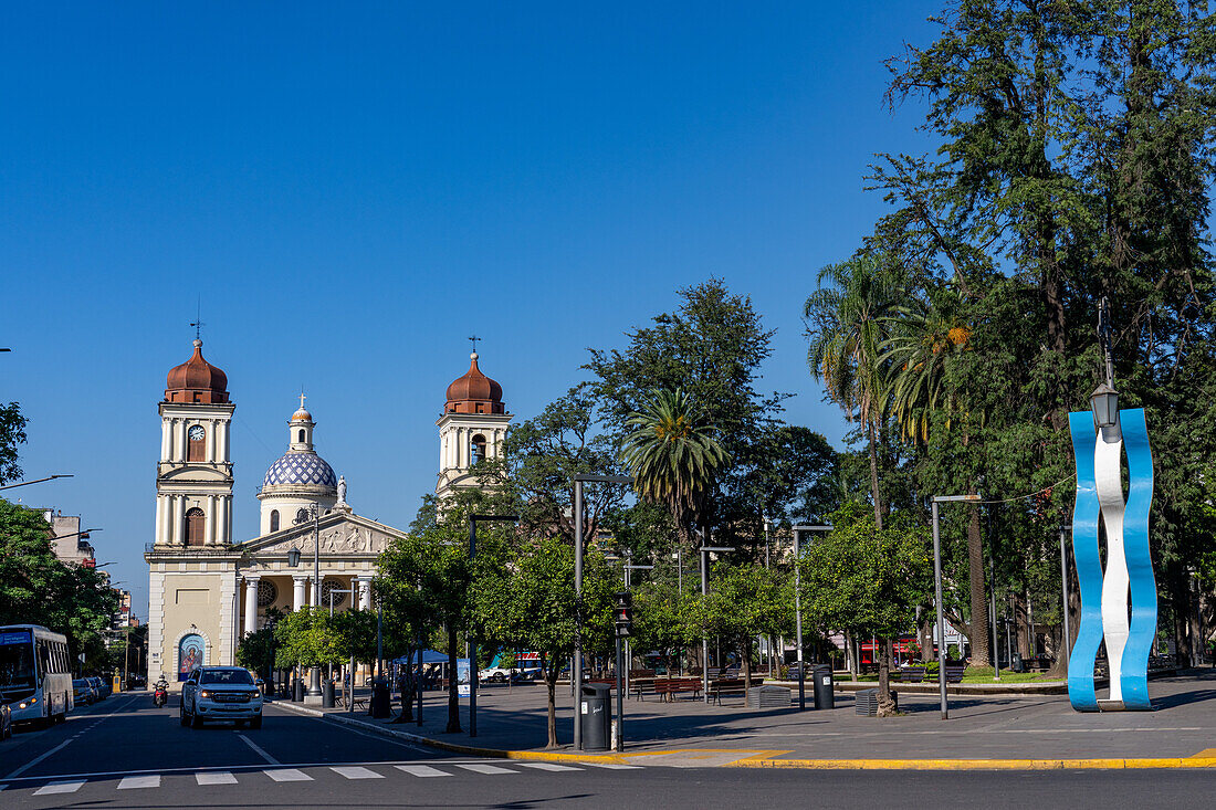 Independence Plaza and the Our Lady of the Incarnation Cathedral in San Miguel de Tucumán, Argentina.