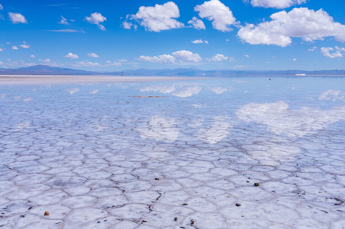 Wolken spiegeln sich auf einer flachen Wasserfläche über polygonalen Formen in den Salinen von Salinas Grandes im Nordwesten Argentiniens