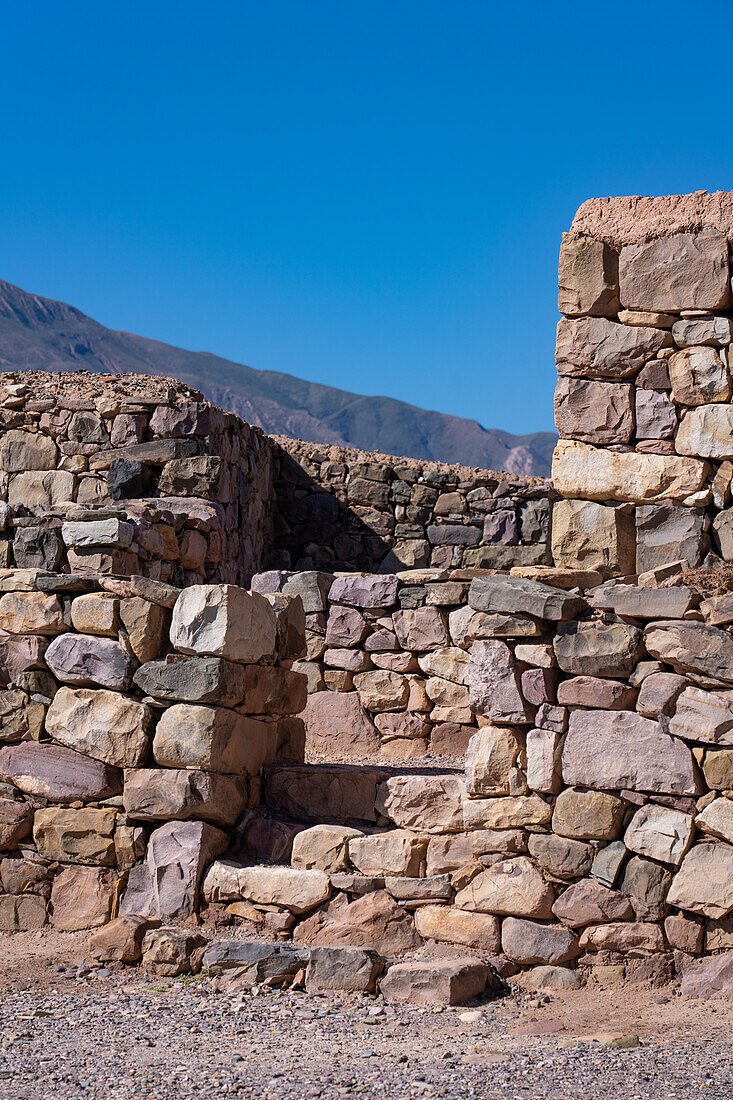 Partially reconstructed ruins in the Pucara of Tilcara, a pre-Hispanic archeological site near Tilcara, Humahuaca Valley, Argentina.