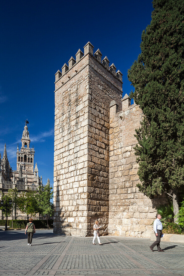 Sevilla, Spanien, 30. September 2009, Besucher schlendern an der beeindruckenden Südseite der Kathedrale von Sevilla und den Mauern des Real Alcazar vorbei, die das reiche Erbe Südspaniens zeigen