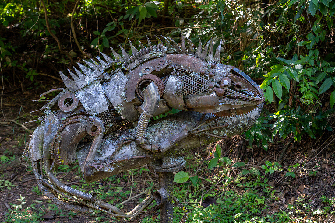 Metal sculpture of a green iguana at the visitors center in Calilegua National Park in Argentina.