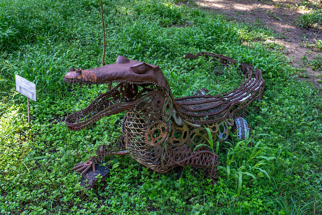 Metal sculpture of a caiman at the visitors center in Calilegua National Park in Argentina.