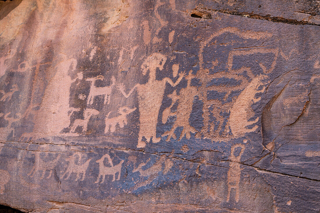 A pre-Hispanic Native American rock art or petroglyph panel in Daddy's Canyon, a tributary of Nine Mile Canyon, Utah.