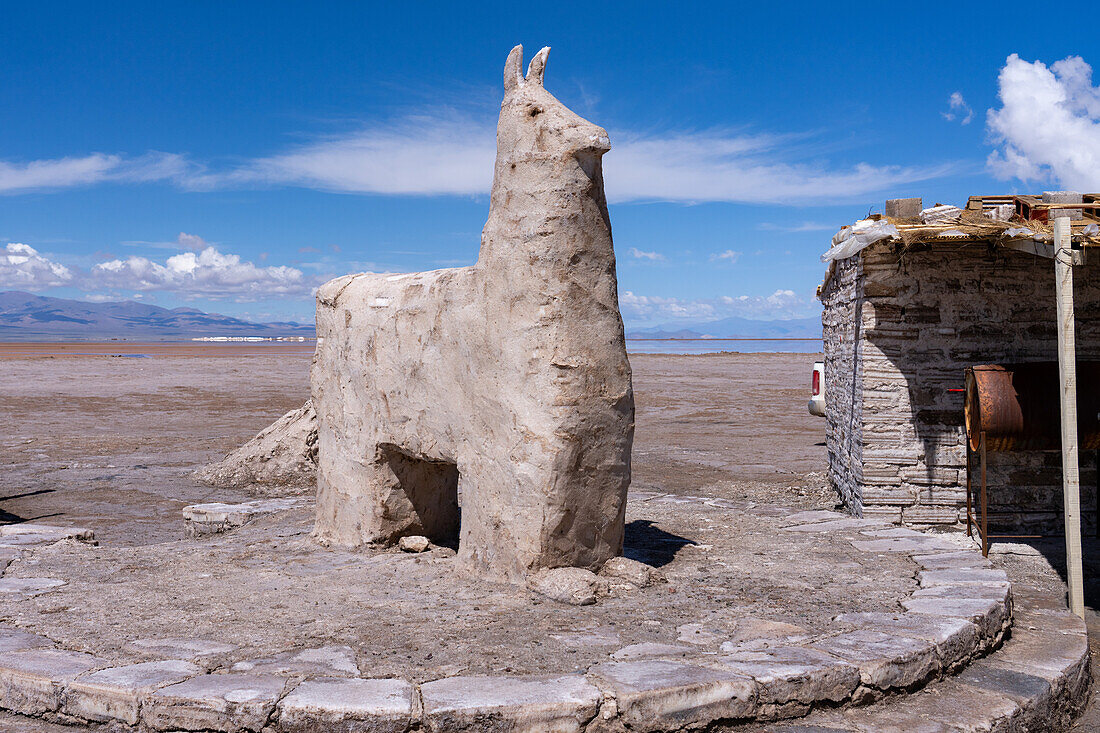 A statue of a llama carved from salt at the Salinas Grandes salt flats on the altiplano in northwest Argentina.