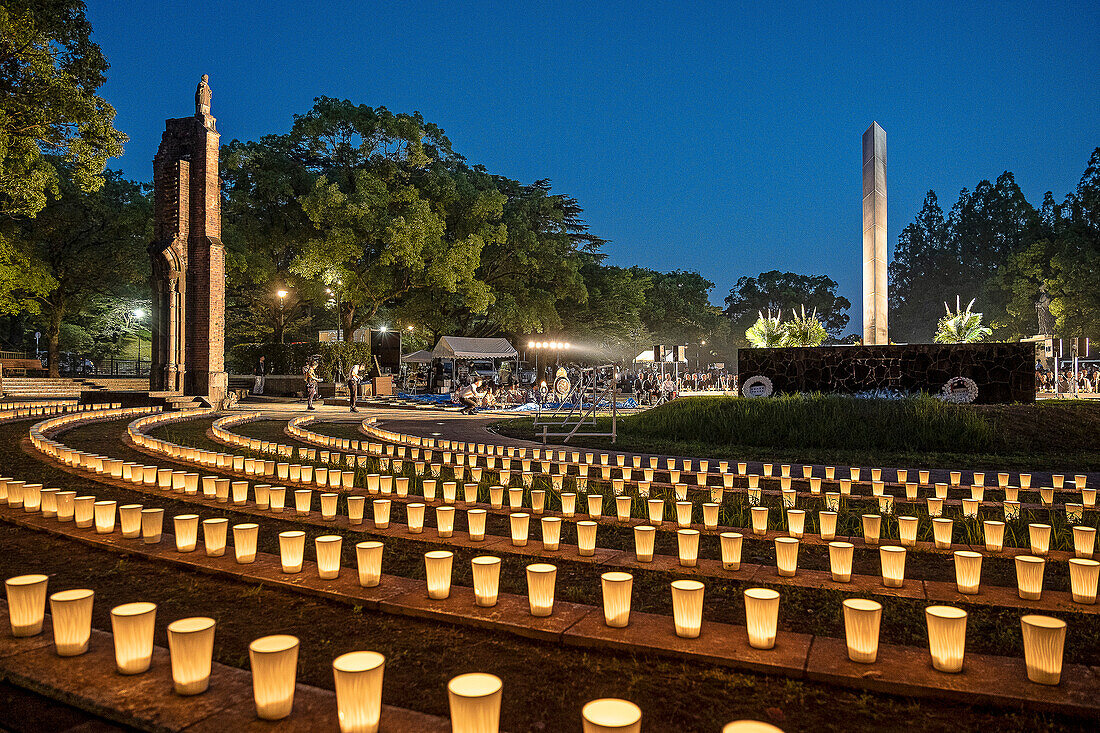 Ecumenical ceremony held every August 8 in the Nagasaki Hypocenter Park, in front of the monolith that marks the hypocenter, where all religions of Nagasaki pay tribute to the victims of the atomic bombing, Nagasaki, Japan