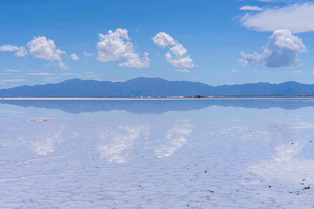 Clouds refected on a shallow sheet of water over polygon shapes on the salt flats of Salinas Grandes in northwest Argentina.