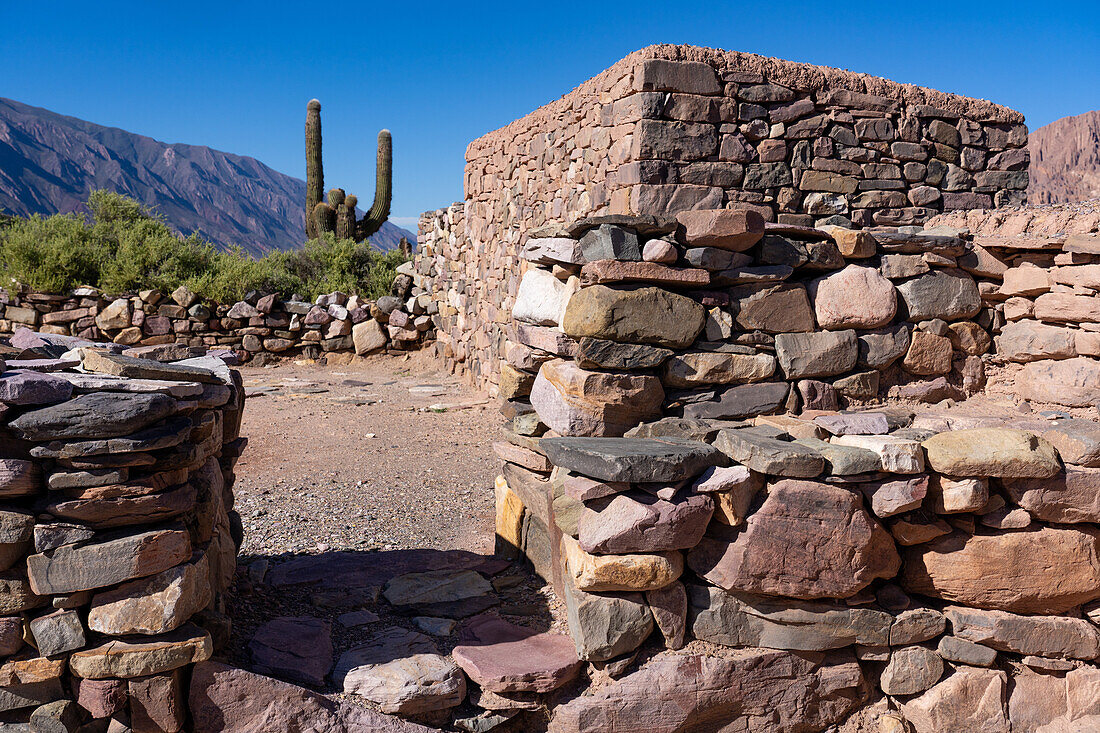 Partially reconstructed ruins in the Pucara of Tilcara, a pre-Hispanic archeological site near Tilcara, Humahuaca Valley, Argentina.