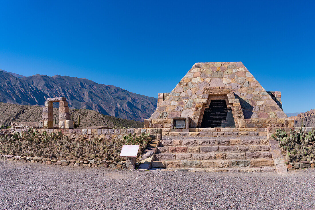 A modern pyramid built in the ruins in the Pucara of Tilcara, a pre-Hispanic archeological site near Tilcara, Argentina. The pyramid is a memorial to the archeologists who excavated the ruins.