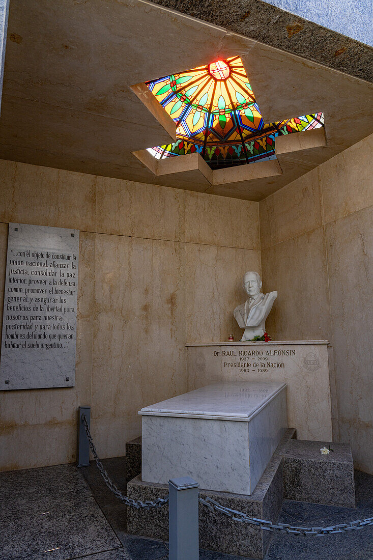 Mausoleum of former Argentine president Paul Ricardo Alfonsin in the Recoleta Cemetery, Buenos Aires, Argentina.