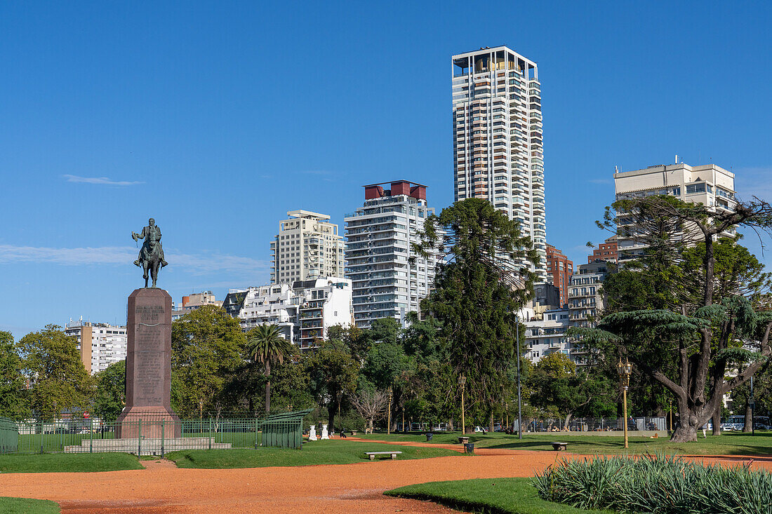 Statue of General Juan Manuel de Rosas in Mayor Seeber Square in the Palermo neighborhood of Buenos Aires, Argentina. High-rise apartment buildings are behind.