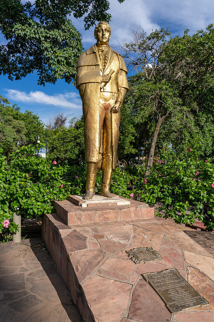 Statue of General Manuel Belgrano, a hero of Argentine independence, in the plaza of San Pedro de Jujuy, Argentina.