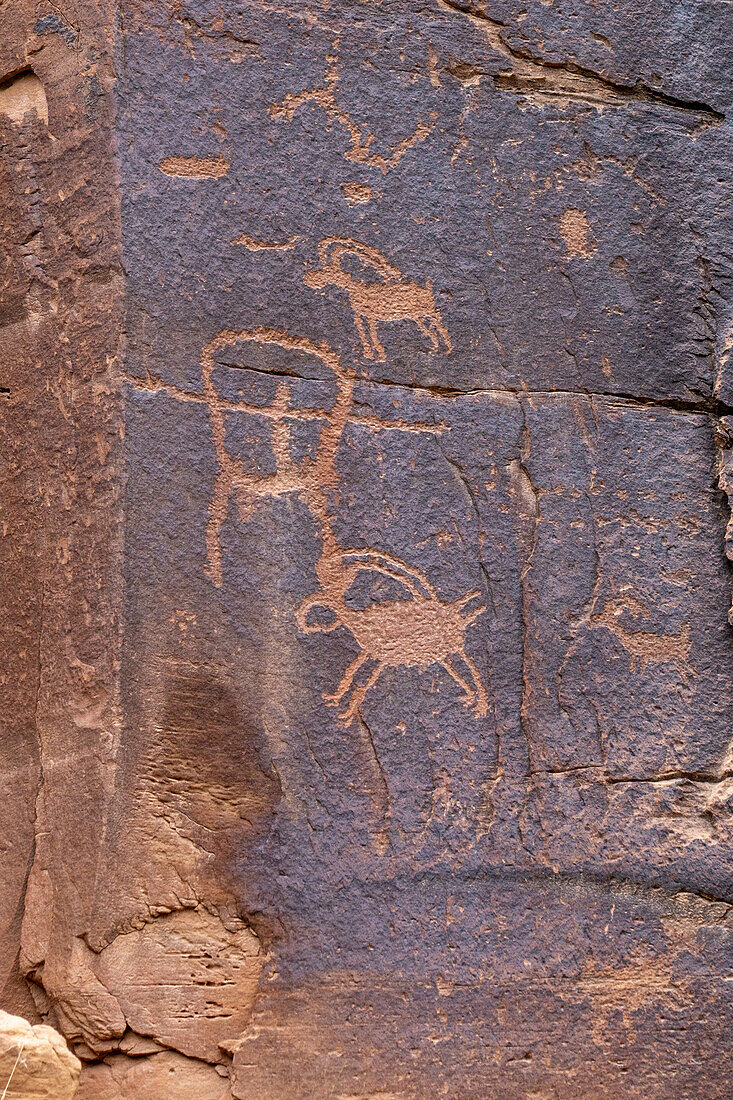 Eine prähispanische Felszeichnung der amerikanischen Ureinwohner im Daddy's Canyon, einem Nebenfluss des Nine Mile Canyon in Utah