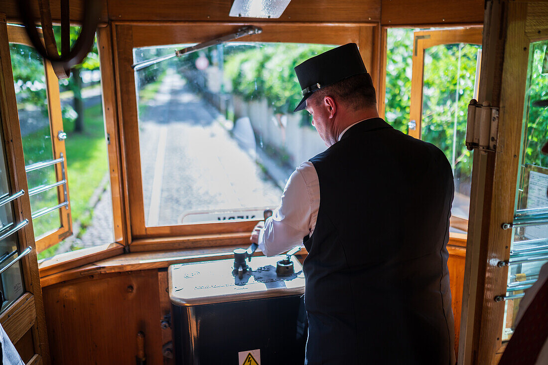 Historic Tram Line 41, restored from 1930, with real tram conductor, Prague