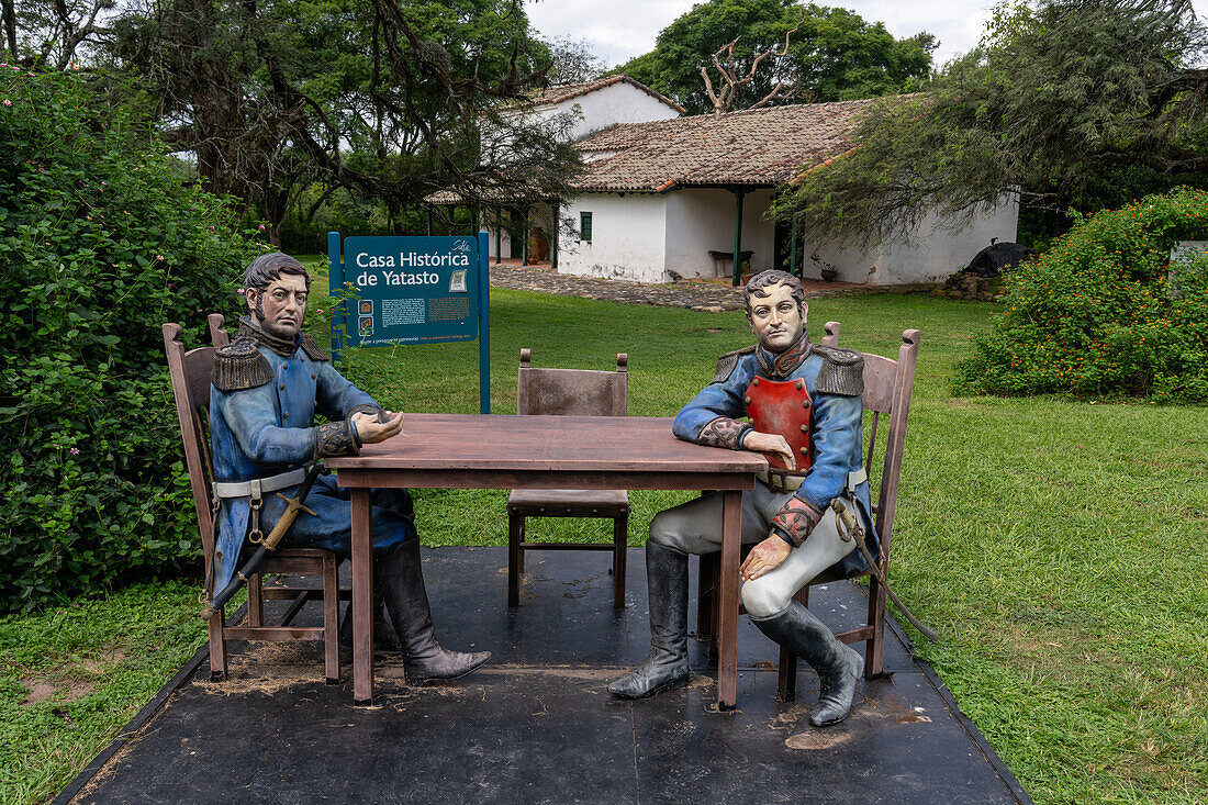 Statues of historic meeting between generals Belgrano & San Martin at Posta de Yatatso. San Jose de Metan, Argentina. In this meeting, Manuel Belgrano handed over command of the Army of the North to Jose de San Martin in January 1814 in the Argentine War of Independence.